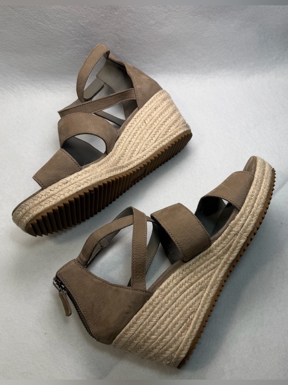 Eileen Fisher Taupe Leather Espadrille Wedge Sandals Size 8.5